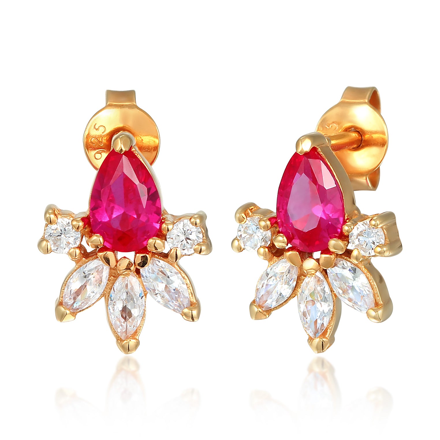 Gold - Elli | Ohrstecker Glamourös | Zirkonia, Synth. Rubin (Rosa) | 925er Sterling Silber vergoldet