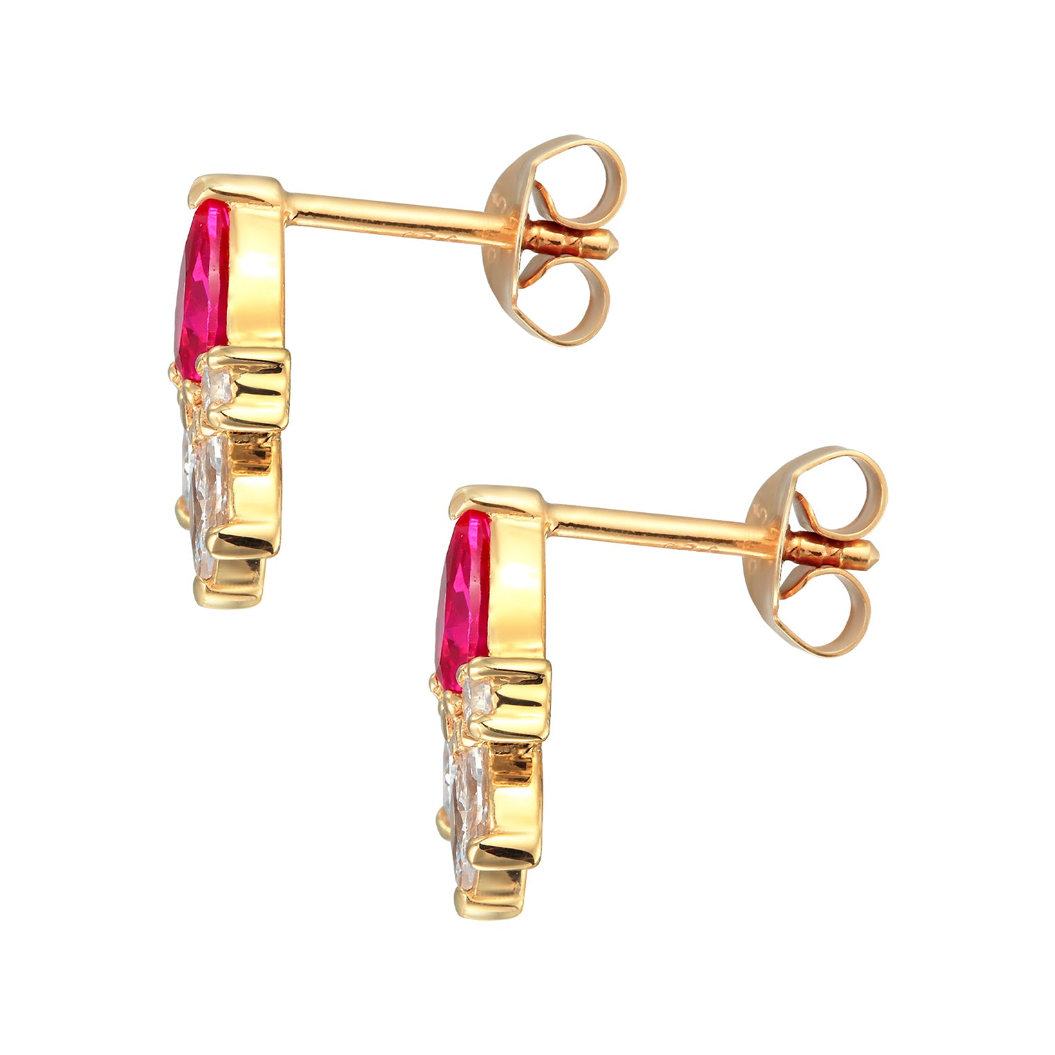 Gold - Elli | Ohrstecker Glamourös | Zirkonia, Synth. Rubin (Rosa) | 925er Sterling Silber vergoldet