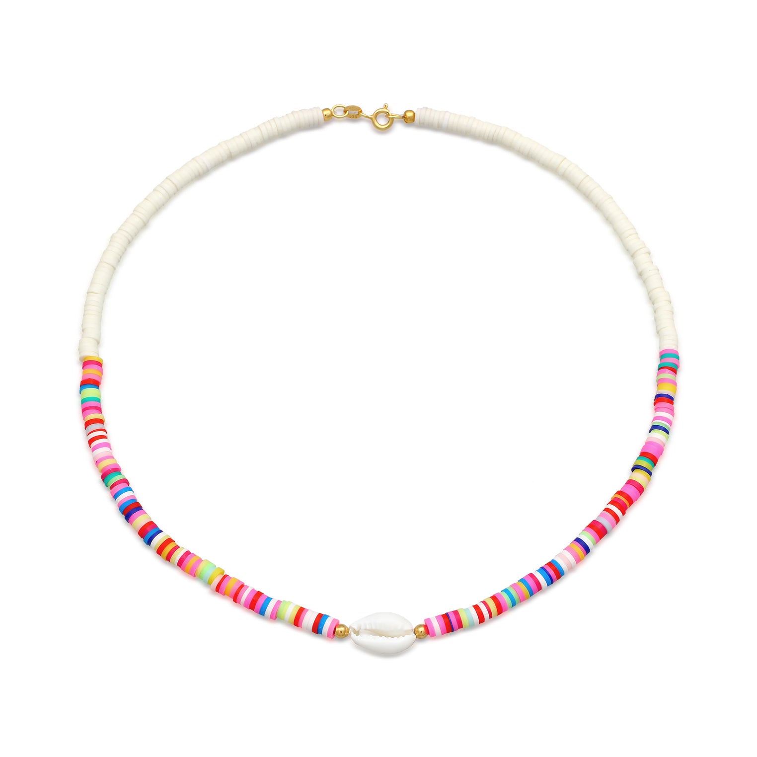 Gold - Elli | Halskette Kauri Muschel | Heishi Perlen (Bunt) | 925er Sterling Silber