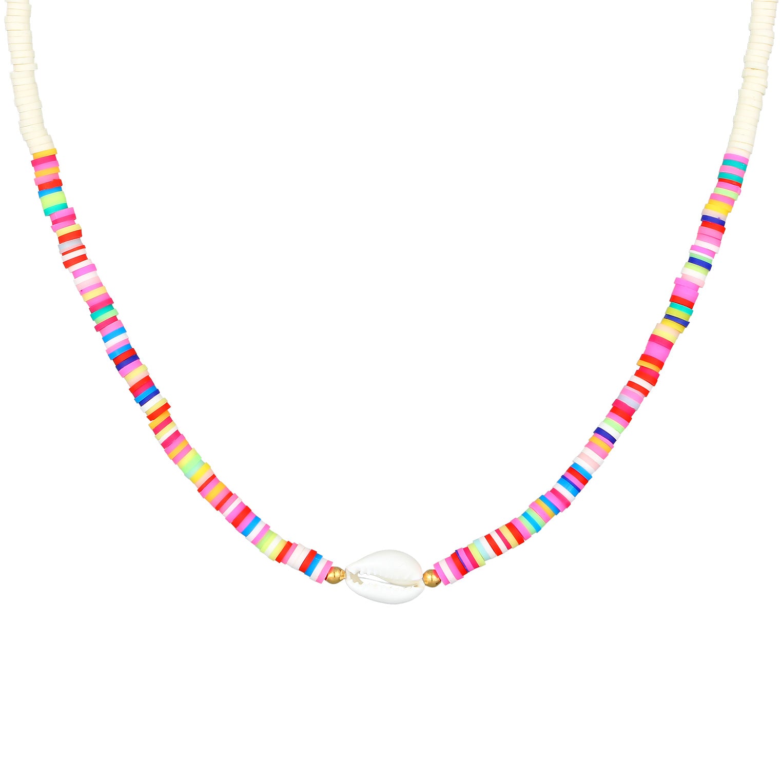 Gold - Elli | Halskette Kauri Muschel | Heishi Perlen (Bunt) | 925er Sterling Silber