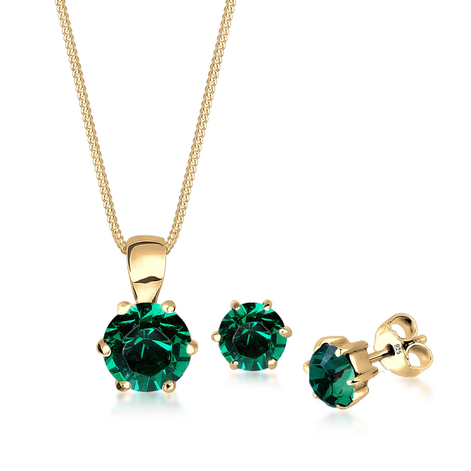 Gold - Elli | Schmuckset Solitär | Kristall (Grün) | 925er Sterling Silber vergoldet