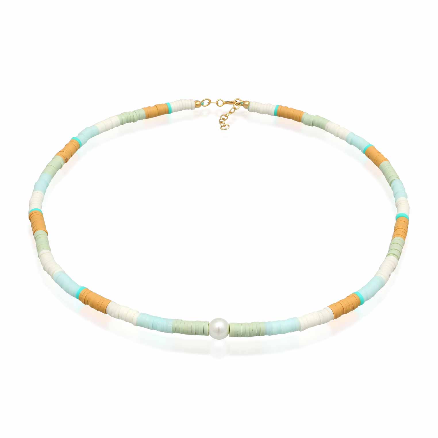 Zweifarbig - Elli | Halskette Surfer Trend | Muschelkernperlen, Heishi Perlen (Bunt) | 925er Sterling Silber vergoldet