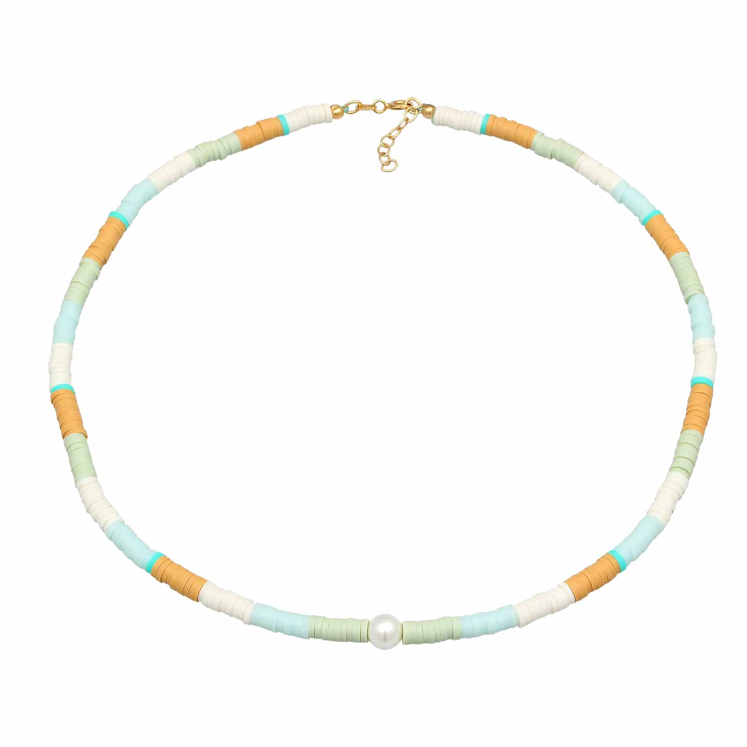 Zweifarbig - Elli | Halskette Surfer Trend | Muschelkernperlen, Heishi Perlen (Bunt) | 925er Sterling Silber vergoldet