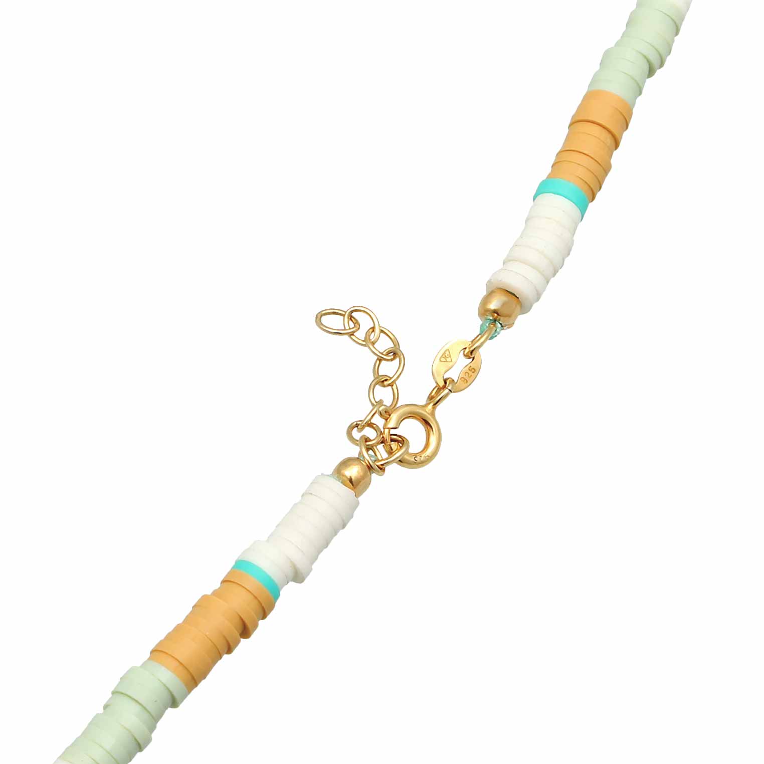 Zweifarbig - Elli | Halskette Surfer Trend | Muschelkernperlen, Heishi Perlen (Bunt) | 925er Sterling Silber vergoldet
