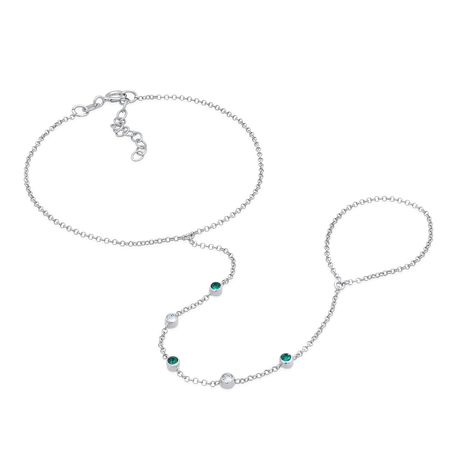 Silber - Elli | Armband Handchain | Kristalle (Grün) | 925er Sterling Silber