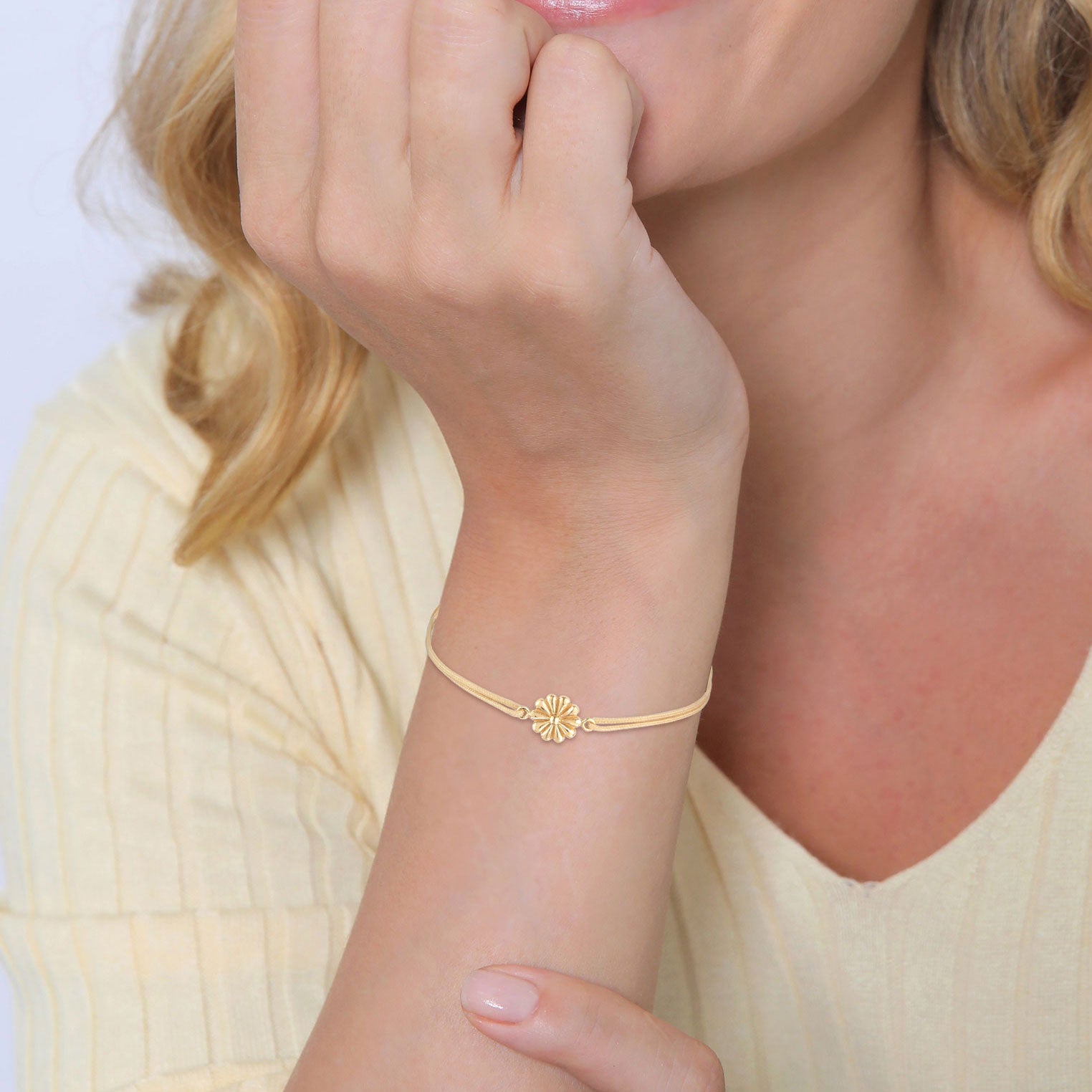 Gold - Elli | Armband Blumen Anhänger | Nylon | 925er Sterling Silber vergoldet