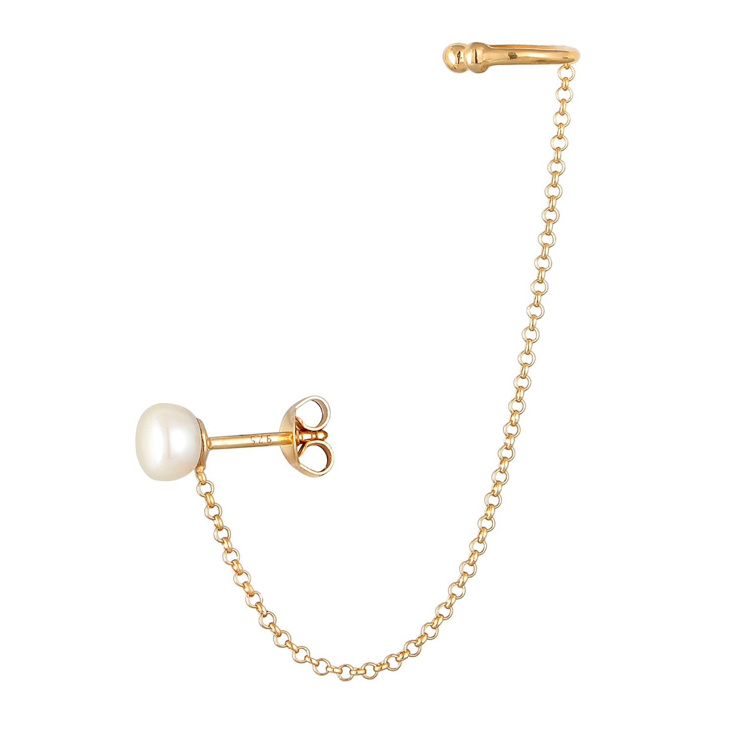 Gold - Elli | Ohrstecker Ear Chain | Süßwasserperle| 925er Sterling Silber Vergoldet