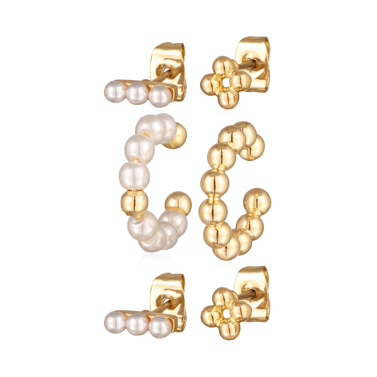 Gold - Elli | Ohrring-Set Kugeln | Glasperlen (Weiß) | Messing