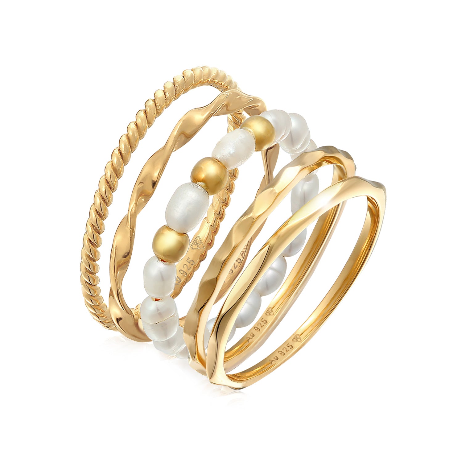 Gold - Elli | Ring 5er Set | Süßwasserzuchtperlen | 925er Sterling Silber