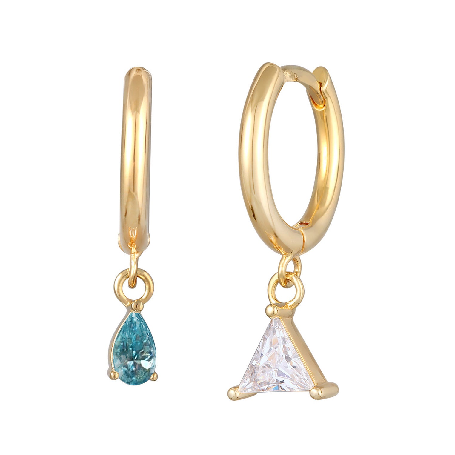 Gold - Elli | Ohrhänger Duo Dreieck Tropfen | Kristalle (Weiß, Blau) | Messing