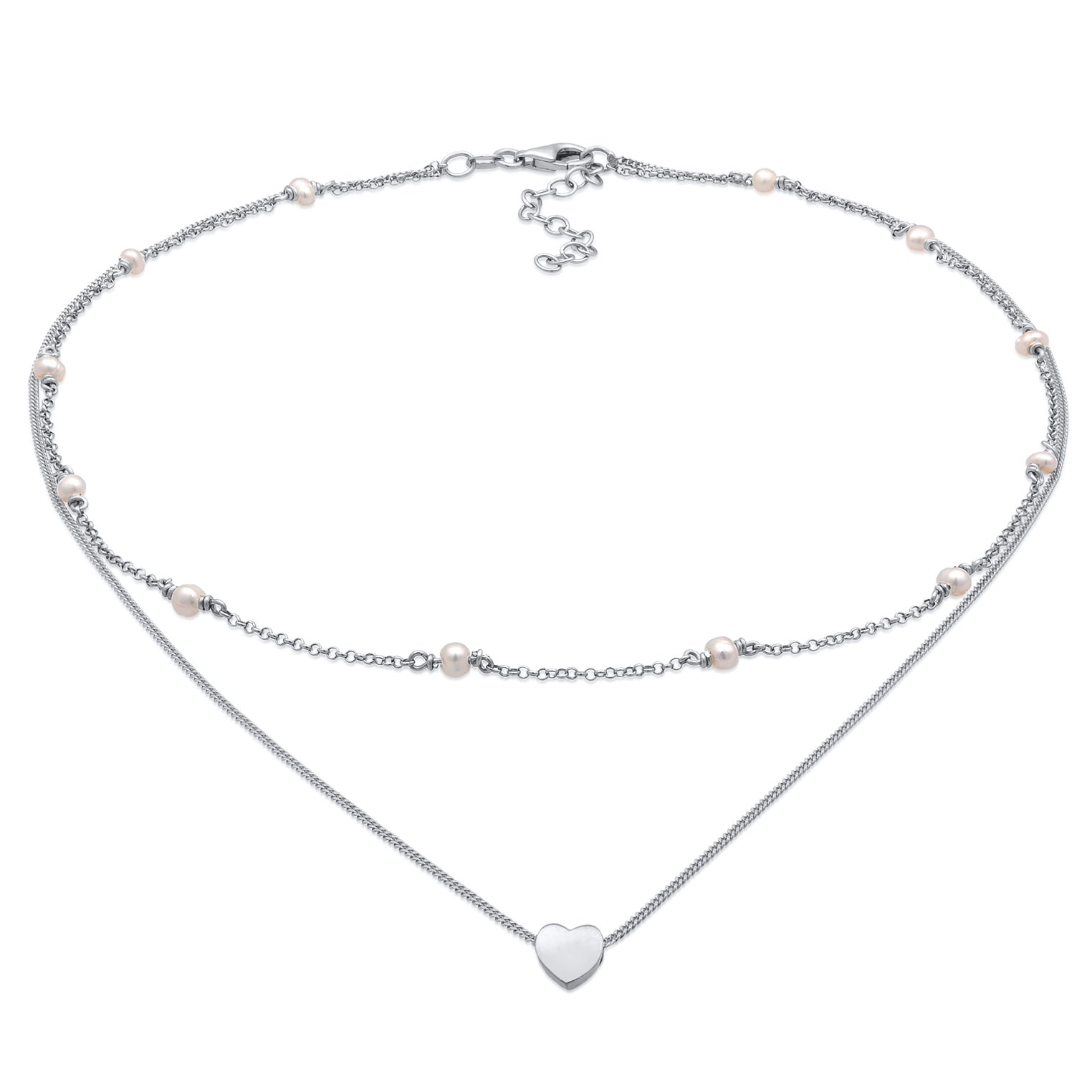 Silber - Elli | Layer-Halskette Herz | Süßwasserperlen | 925er Sterling Silber