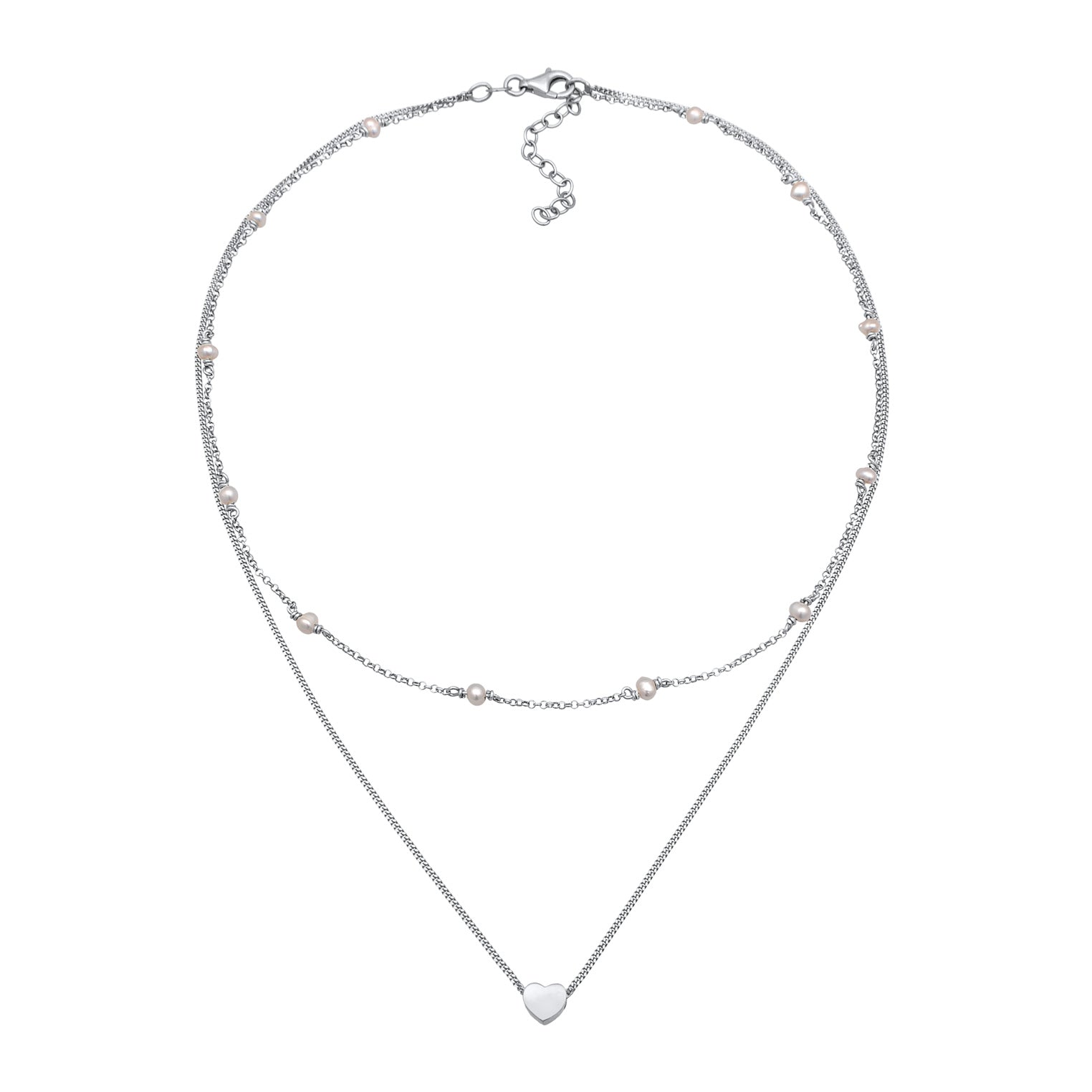 Silber - Elli | Layer-Halskette Herz | Süßwasserperlen | 925er Sterling Silber