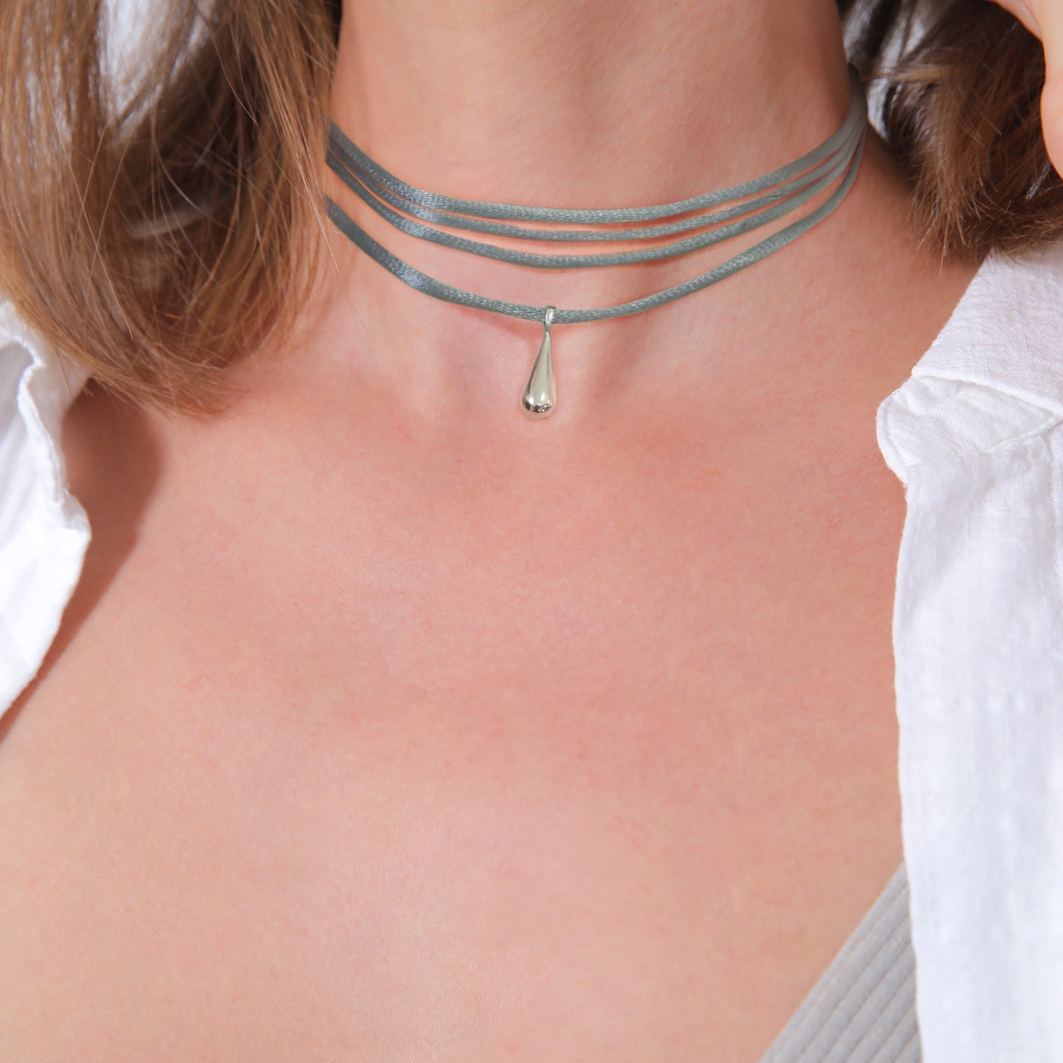 Grau - Elli | Choker Tropfen Anhänger | Satin (Grau) | 925er Sterling Silber