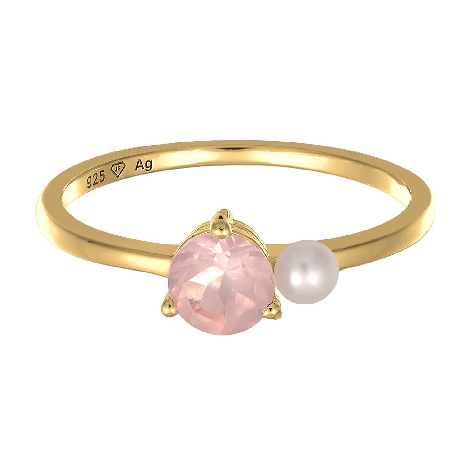 Gold - Elli PREMIUM | Solitär-Ring Elegant | Süßwasserperle, Quarz (Rosa) | 925er Sterling Silber Vergoldet