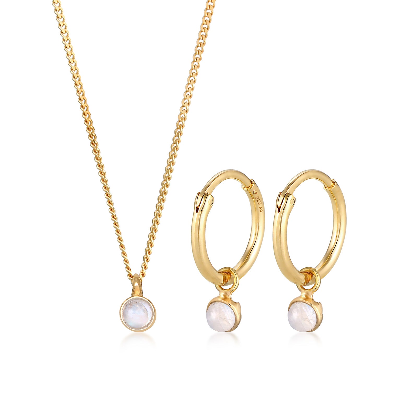 Gold - Elli PREMIUM | Schmuckset Solitär | Mondstein (Rosa) | 925er Sterling Silber Vergoldet