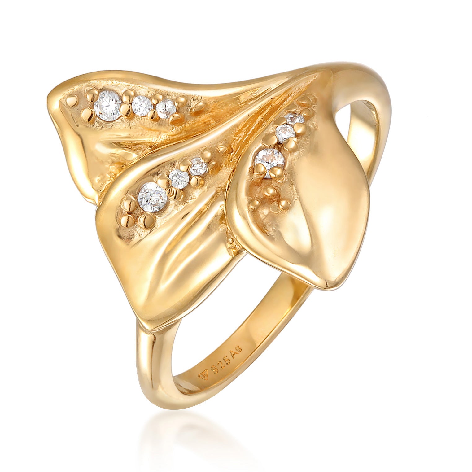 Gold - Elli | Ring Statement Blätter | Zirkonia (Weiß) | 925er Sterling Silber Vergoldet