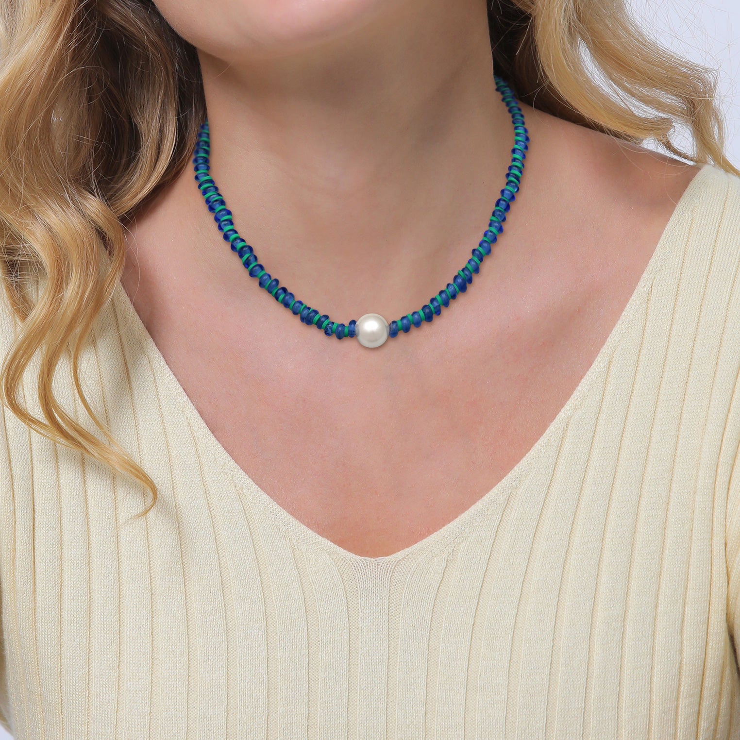 Blau - Elli | Halskette Beads | Süßwasserzuchtperle | 925er Sterling Silber