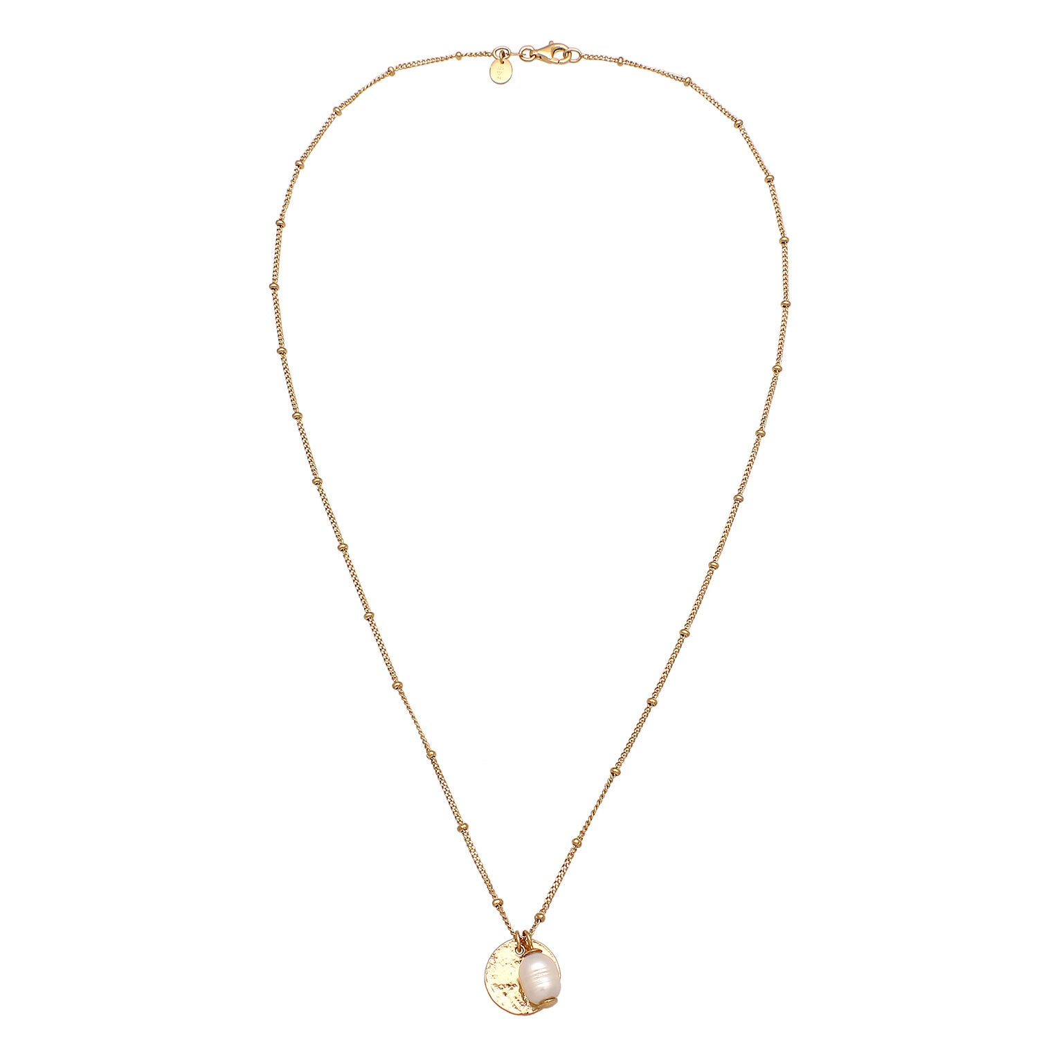 Gold - Elli PREMIUM | Halskette Plättchen Vintage | Süßwasserzuchtperle | 925er Sterling Silber Vergoldet