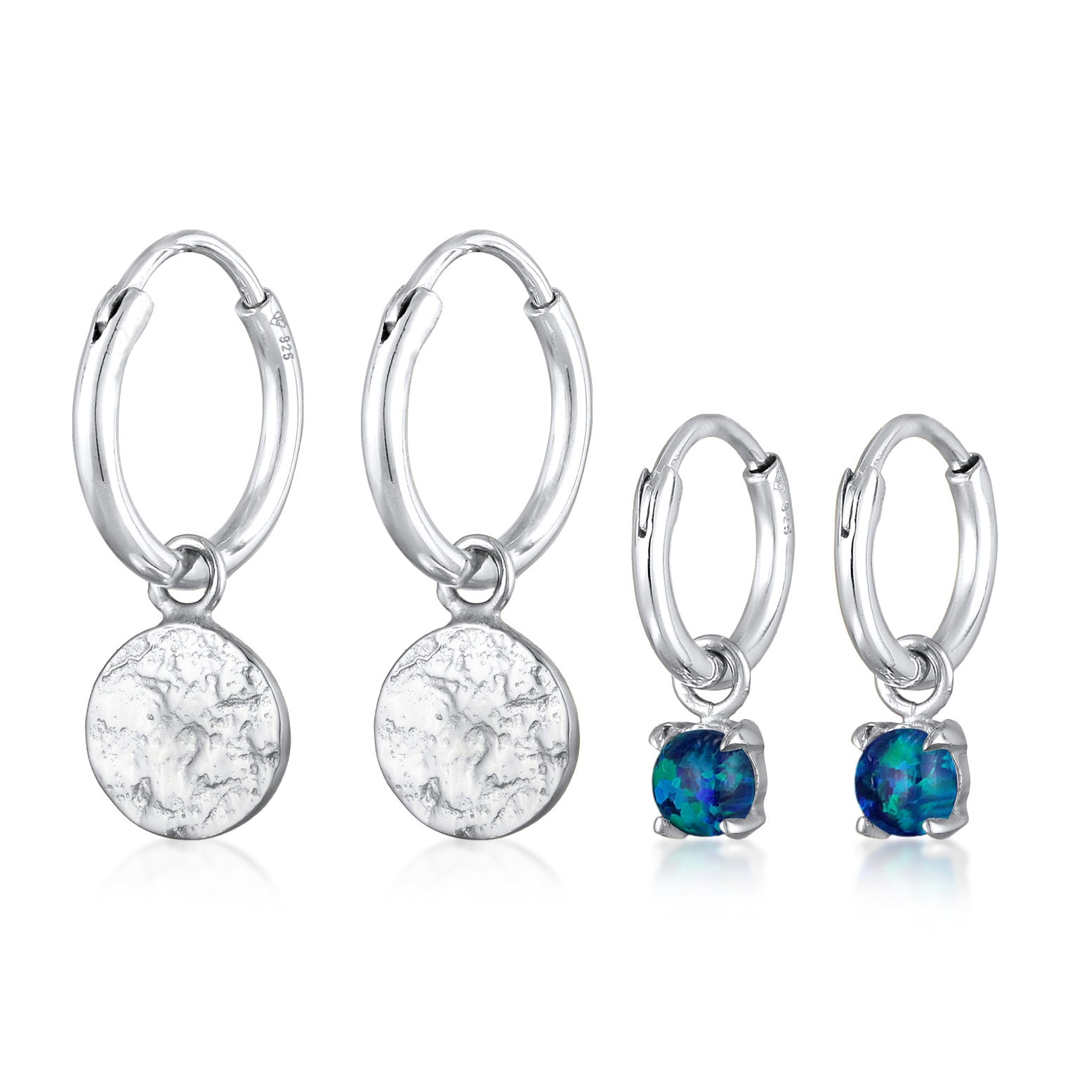 Silber - Elli | Creolen Set Plättchen |Synt. Opal (blau) |925er Sterling Silber