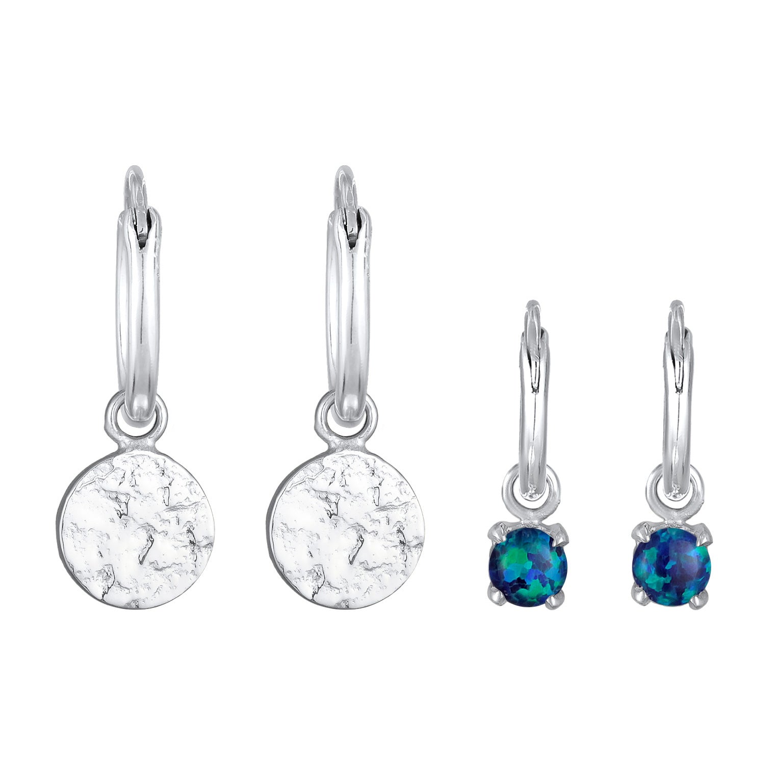 Silber - Elli | Creolen Set Plättchen |Synt. Opal (blau) |925er Sterling Silber