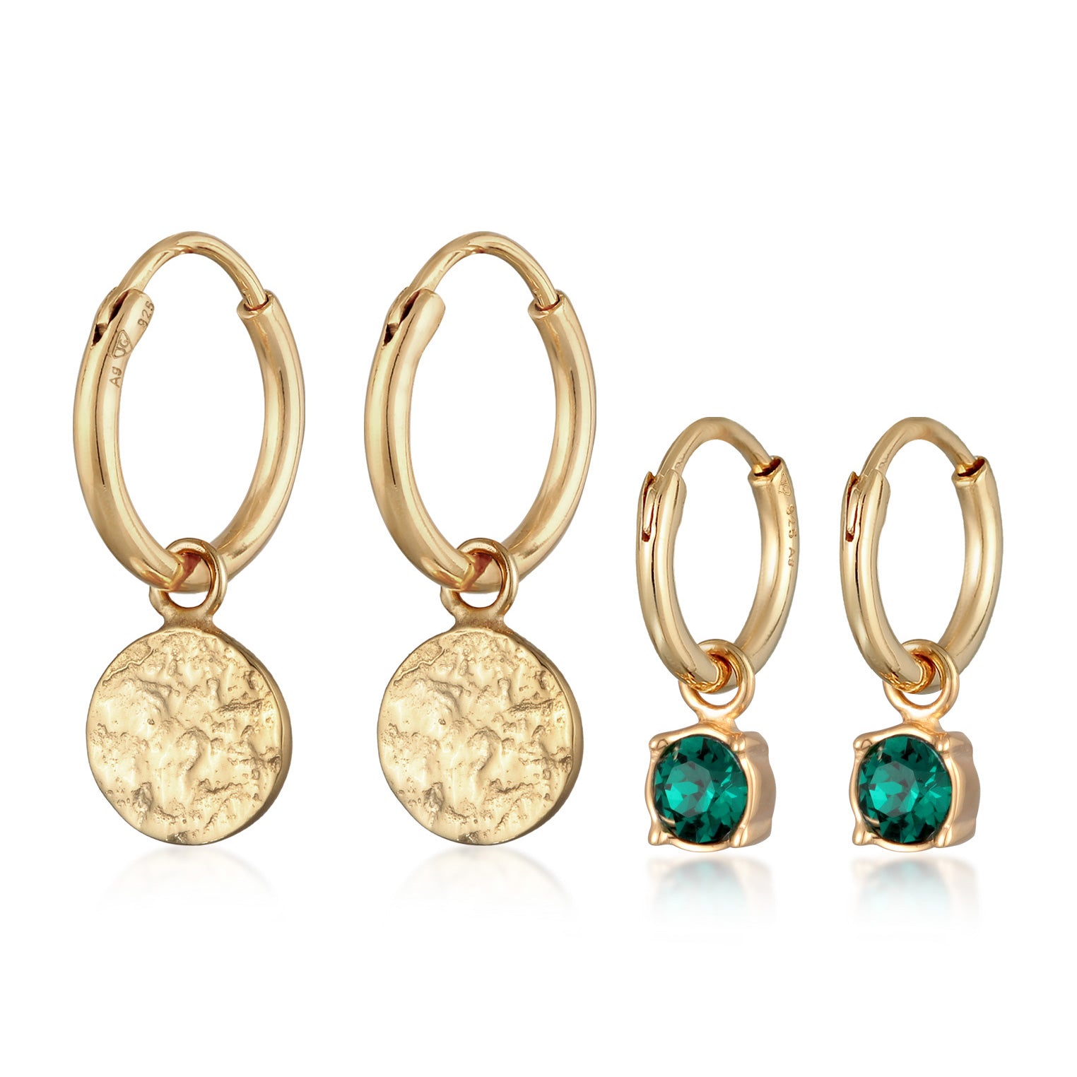 Gold - Elli | Creolen Set Plättchen |Synt. Kristall  (grün) |925er Sterling Silber vergoldet