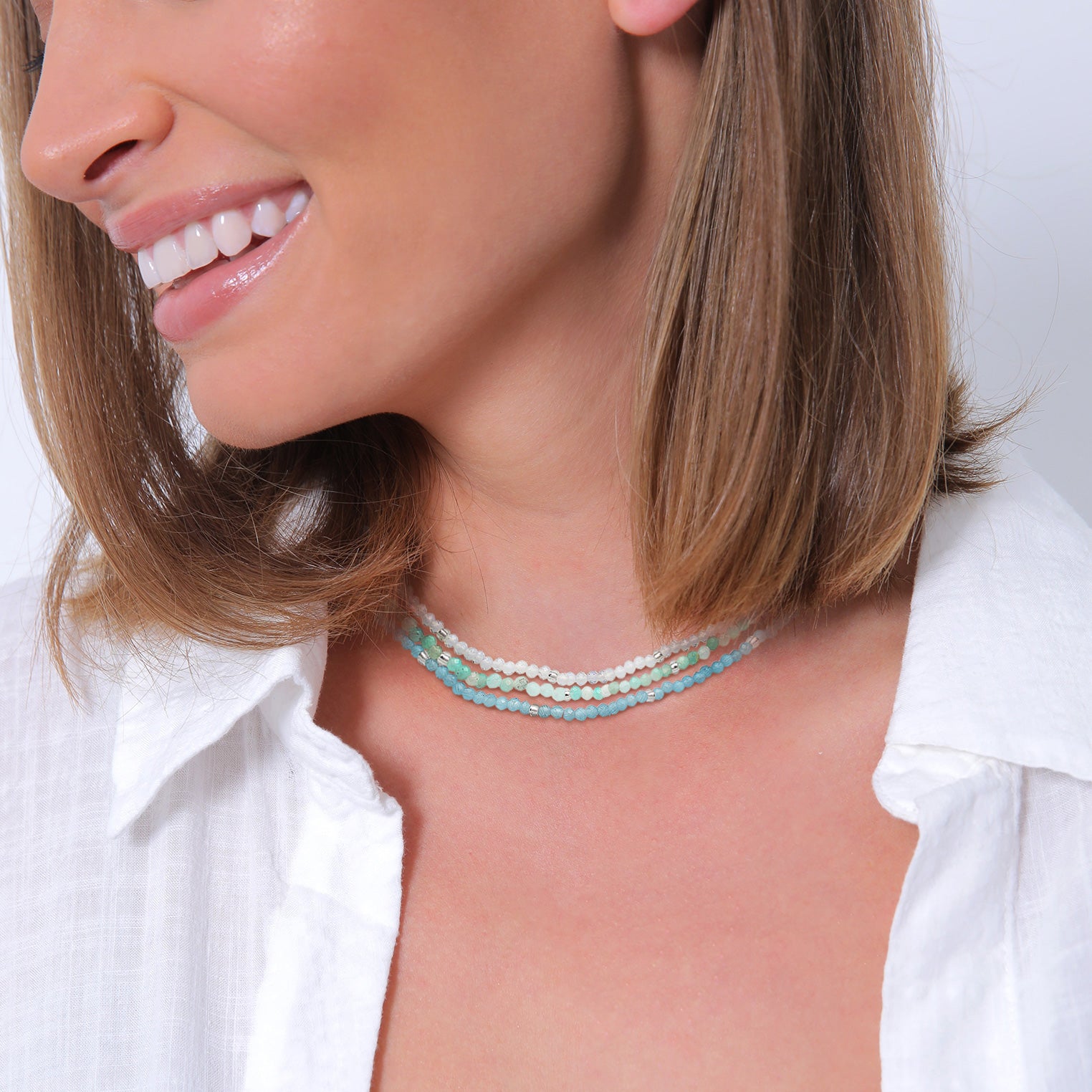 Silber - Elli PREMIUM | Choker Beads | Amazonit (Hellblau), Mondstein (Weiß) | 925er Sterling Silber