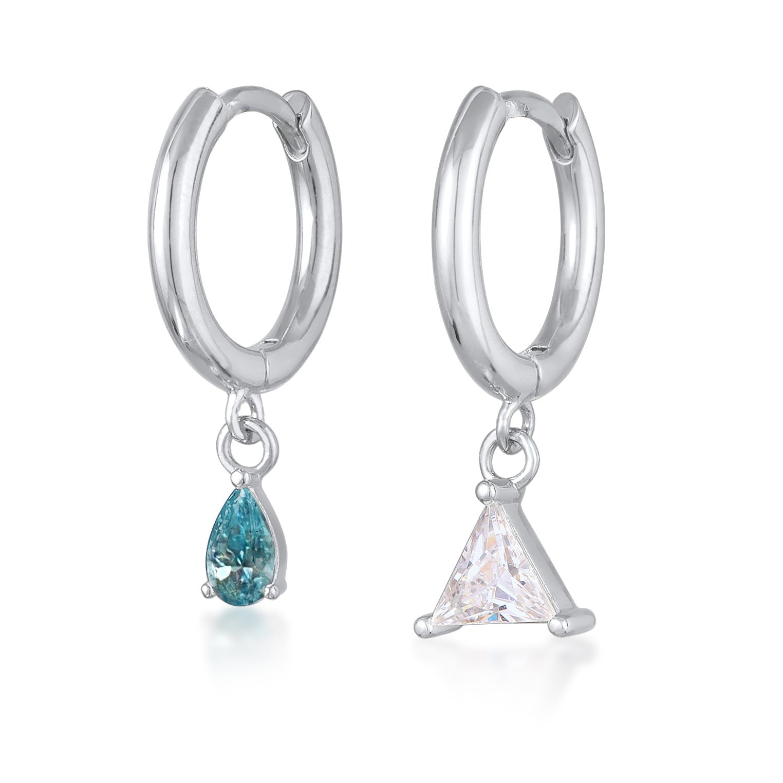 Silber - Elli | Ohrhänger Duo Dreieck Tropfen | Kristalle (Weiß, Blau) | Messing