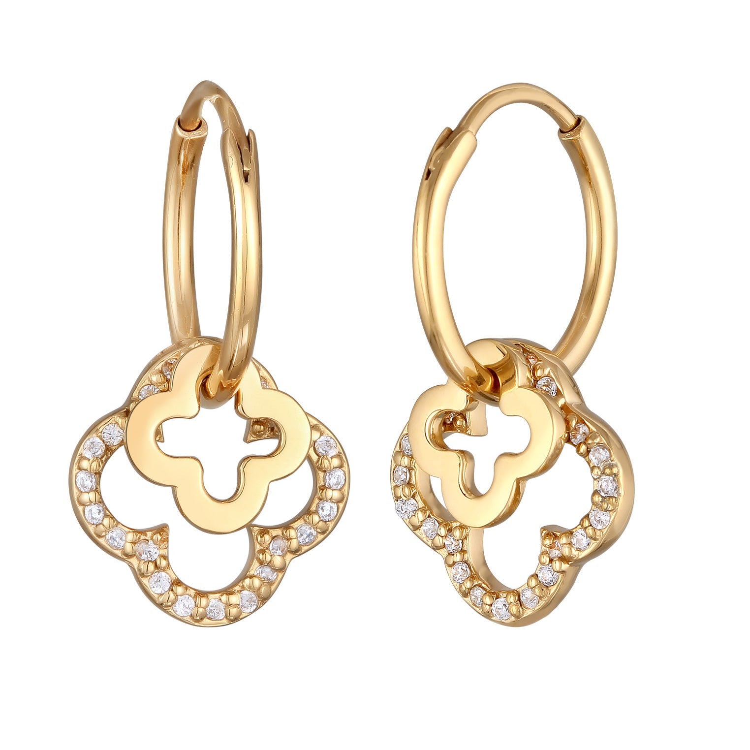 Gold - Elli | Creolen Kleeblatt | Zirkonia (Weiß) | 925 Sterling Silber