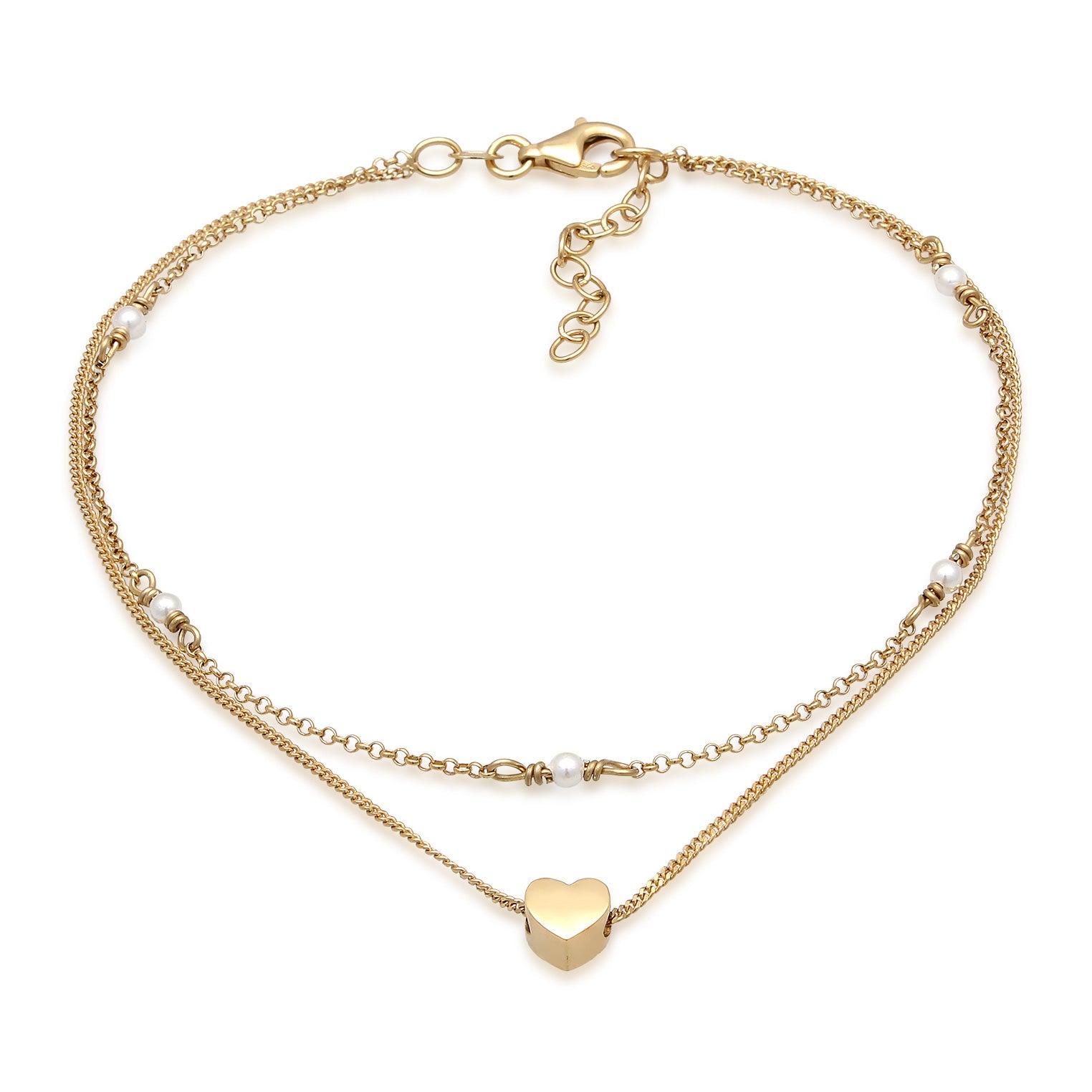Gold - Elli | Layer-Fußkettchen Herz | Muschelkernperle | 925 Sterling Silber vergoldet