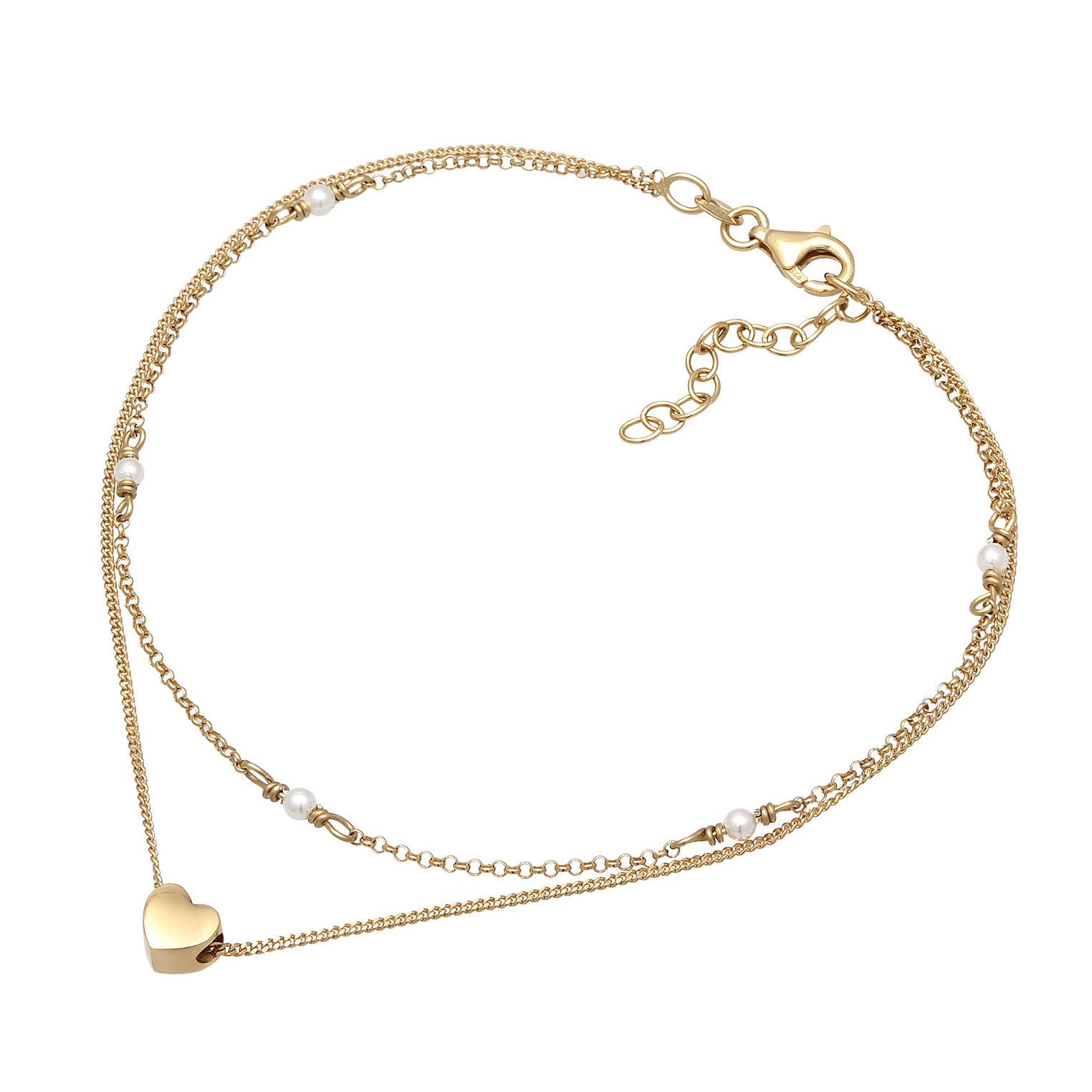 Gold - Elli | Layer-Fußkettchen Herz | Muschelkernperle | 925 Sterling Silber vergoldet