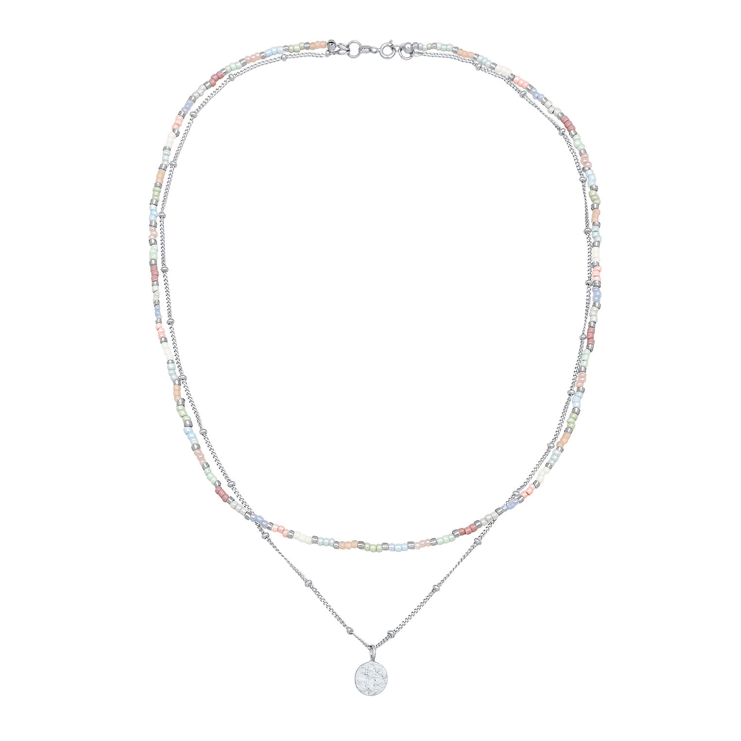 Silber - Elli | Layer-Halskette Plättchen Anhänger | Glas Perlen (Pastell) | 925 Sterling Silber