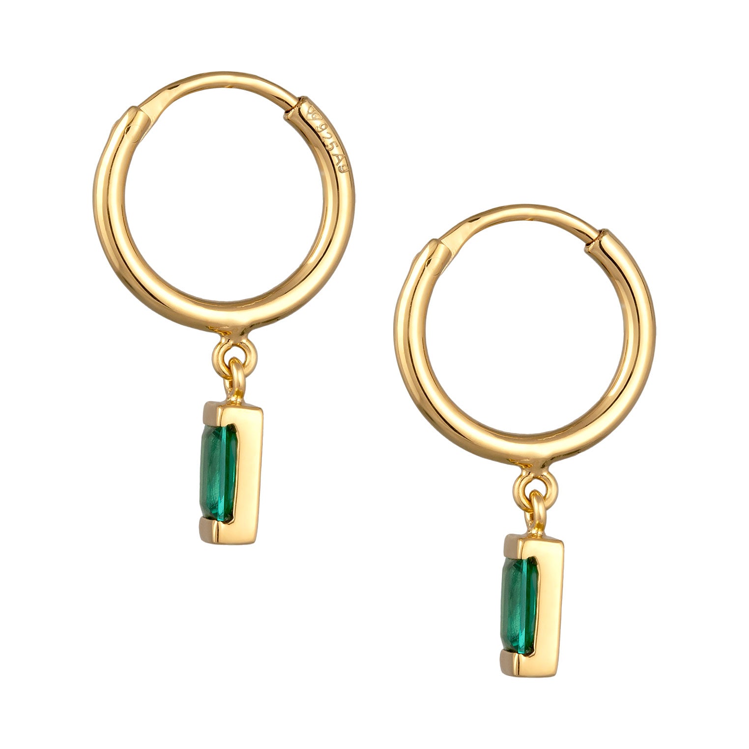 Gold - Elli PREMIUM | Creolen Anhänger Rechteck | Synthetischer Smaragd (Grün) | 925 Sterling Silber vergoldet