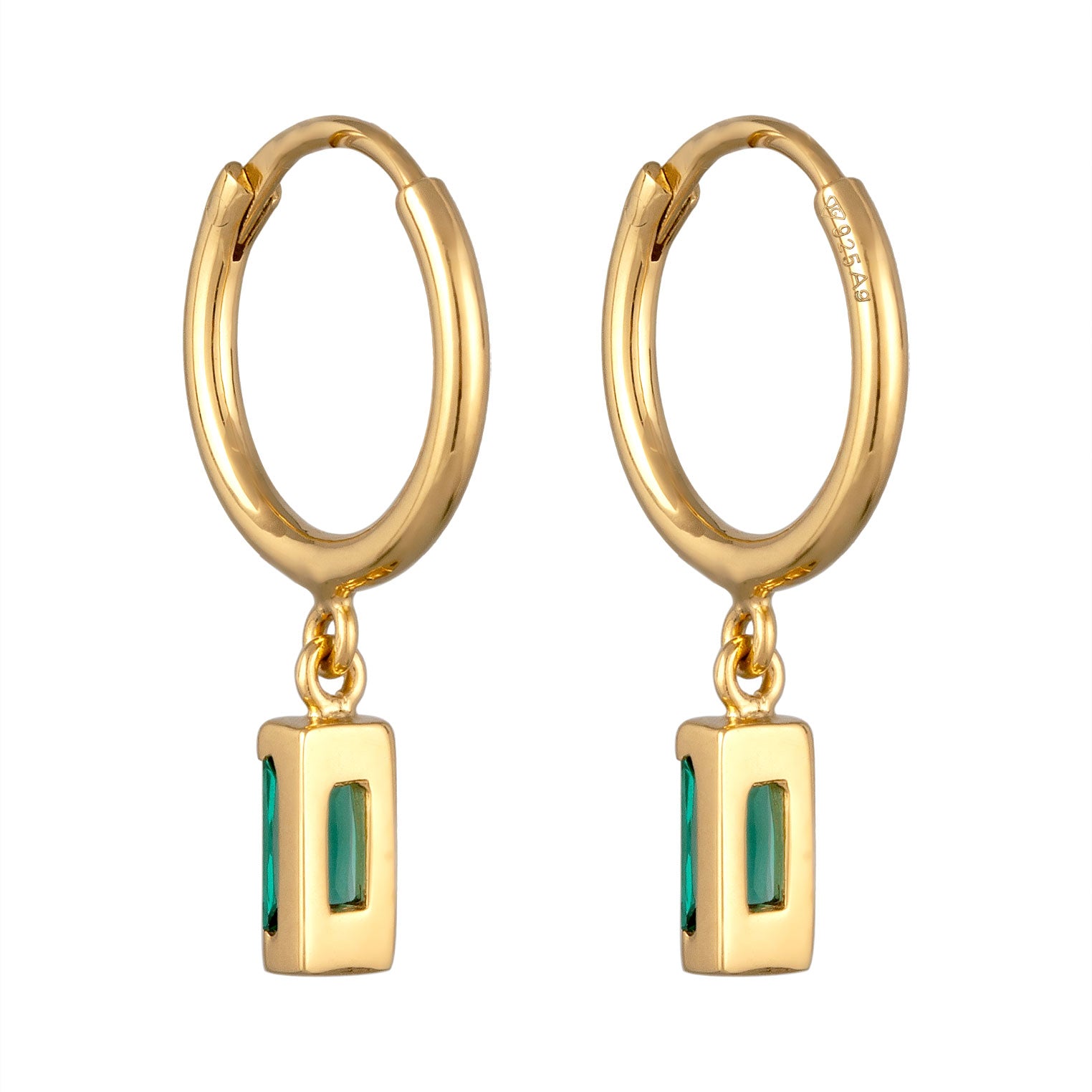 Gold - Elli PREMIUM | Creolen Anhänger Rechteck | Synthetischer Smaragd (Grün) | 925 Sterling Silber vergoldet
