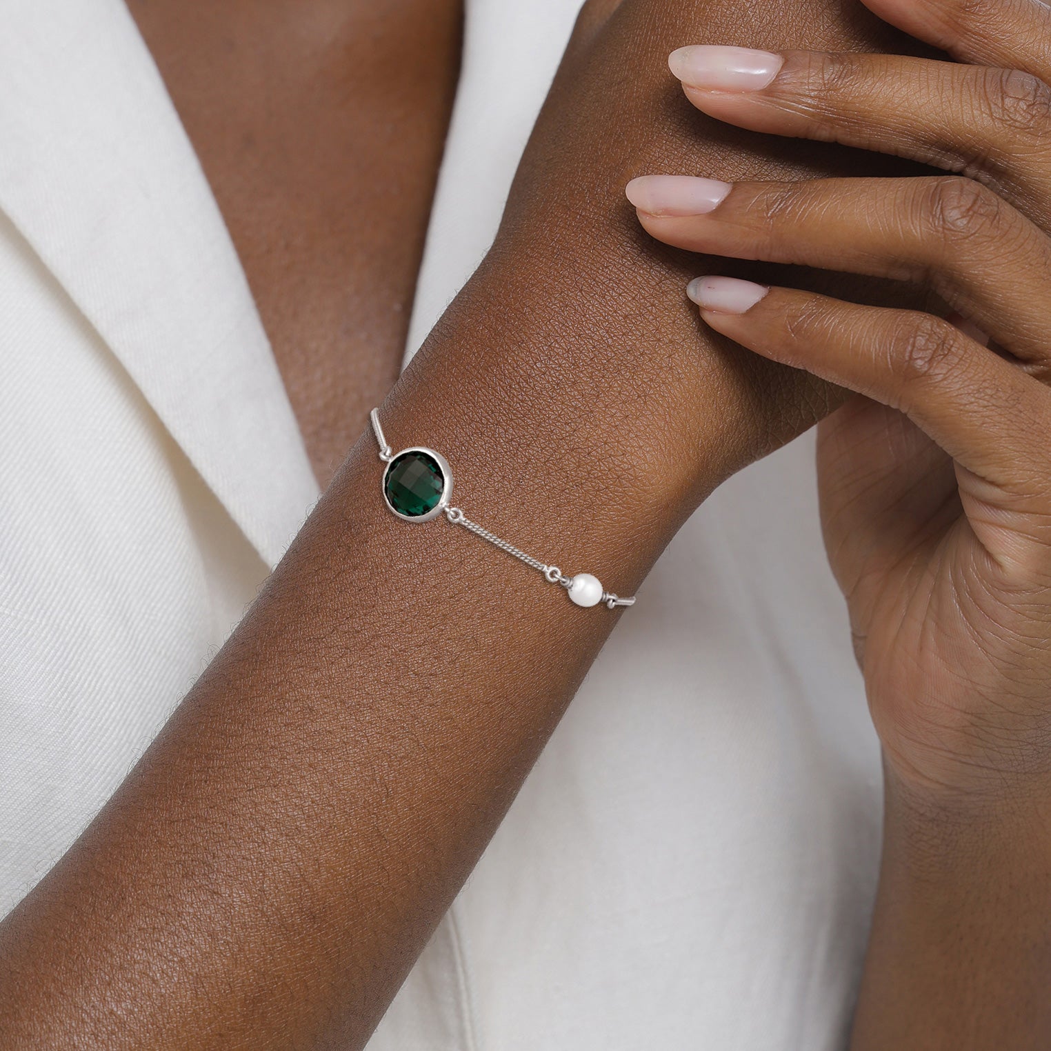 Silber - Elli PREMIUM | Armband | Quarz (Grün) & Süßwasserperle | 925 Sterling Silber