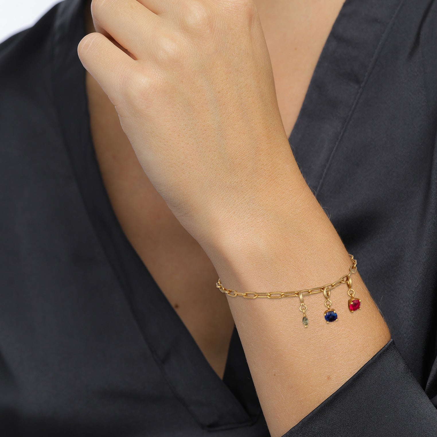Gold - Elli PREMIUM | Glieder-Armband | Turmalin (Grün) & Saphir (Blau) & Rubin (Rot) | 925 Sterling Silber Vergoldet