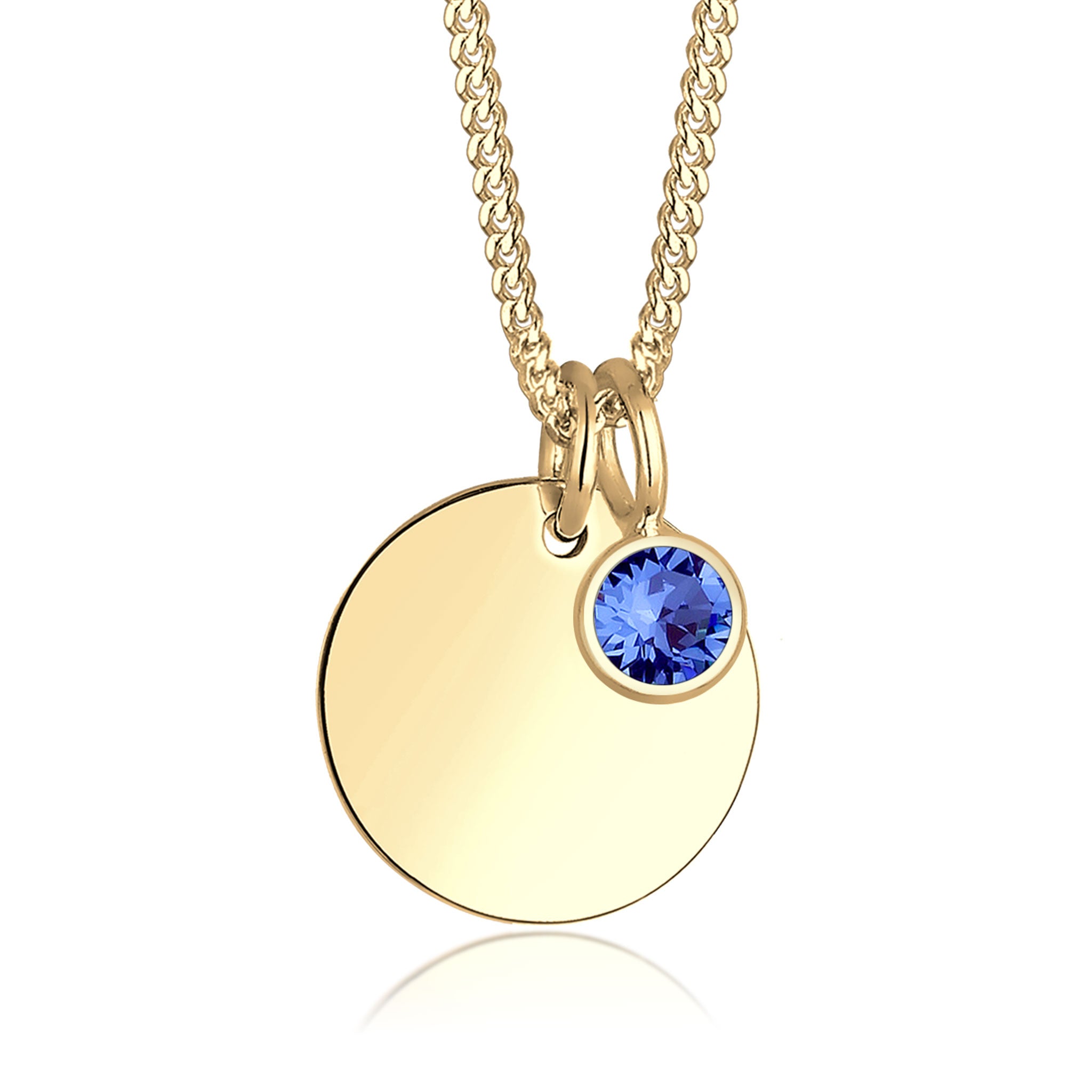 Blau - Elli | Halskette Gravur Platte | Geburtsstein Kristall (Blau) | 925 Sterling Silber vergoldet