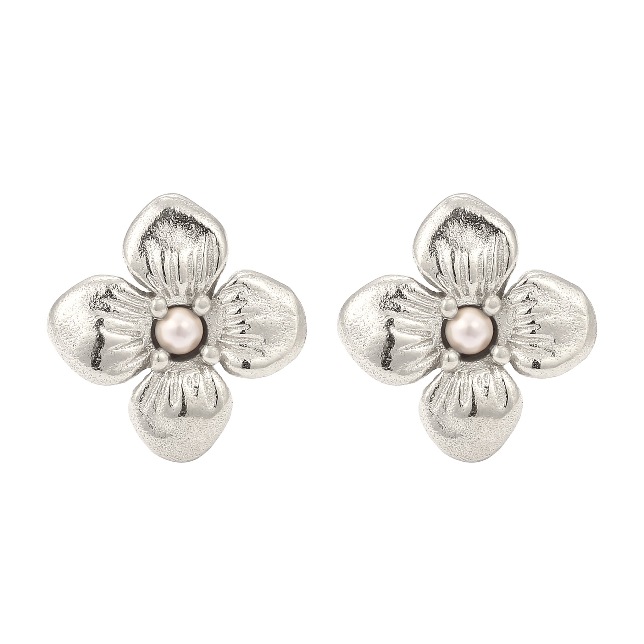 Silber - Elli | Ohrstecker Blume | Synthetische Perle (Weiß) | 925 Sterling Silber