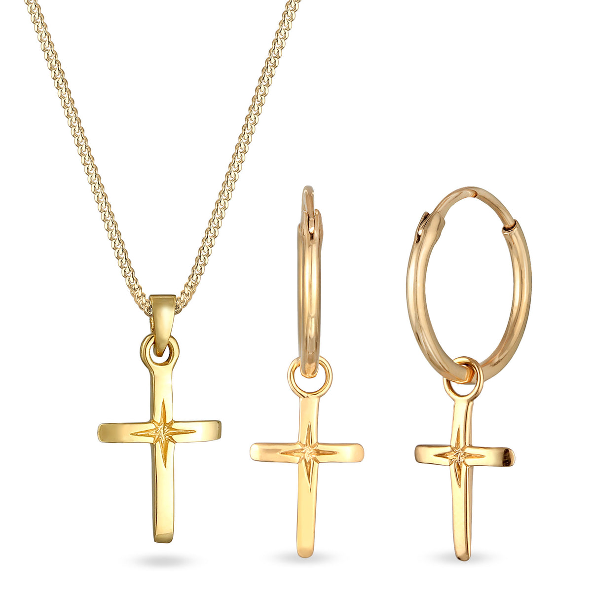 Stella Cross Necklace &amp; Hoop Earrings Jewelry Set
