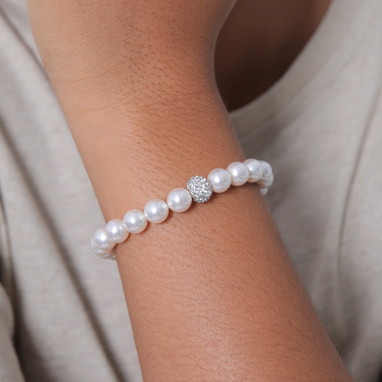 Silber - Elli | Perlen -Armband Kugel | Mit Kristallen von Swarovski® ( Weiß ) | 925er Sterling Silber