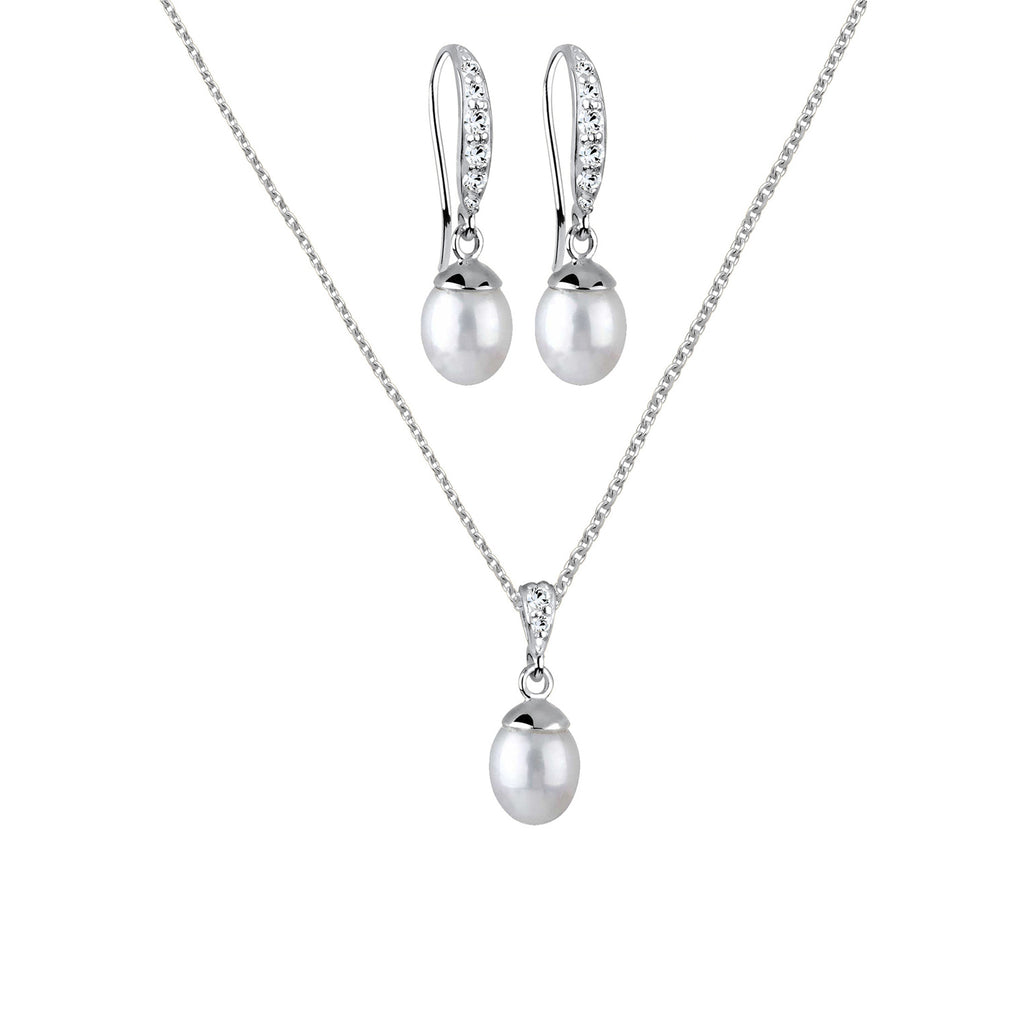Silber - Elli | Schmuckset  | Süßwasserperle, Kristall ( Weiß ) | 925er Sterling Silber