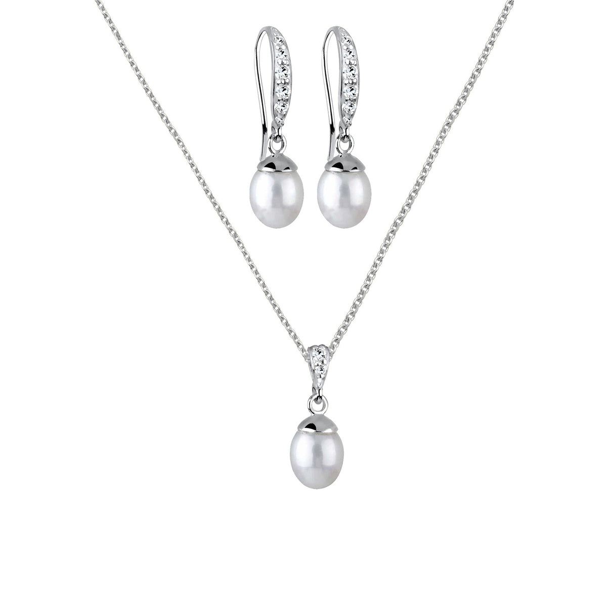 Silber - Elli | Schmuckset  | Süßwasserperle, Kristall ( Weiß ) | 925er Sterling Silber