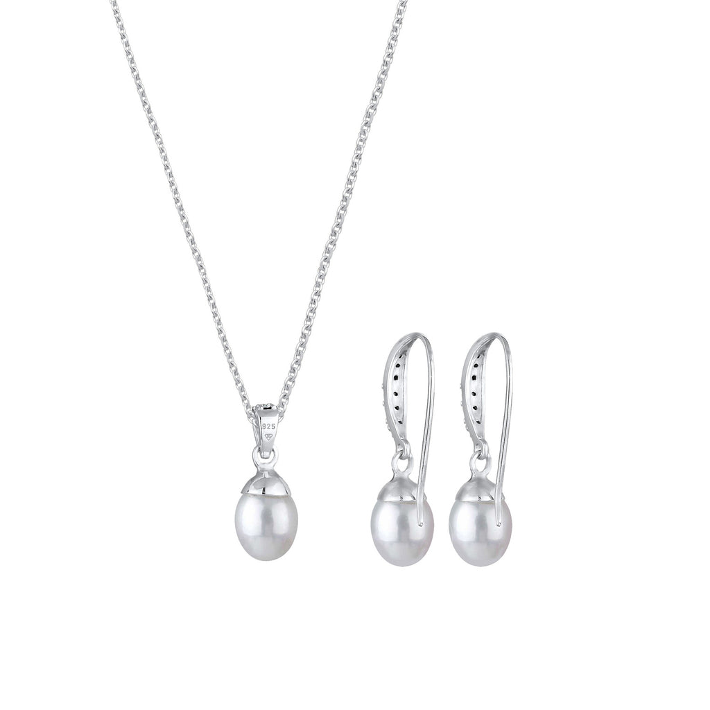 Silber - Elli | Schmuckset  | Süßwasserperle, Kristall ( Weiß ) | 925er Sterling Silber