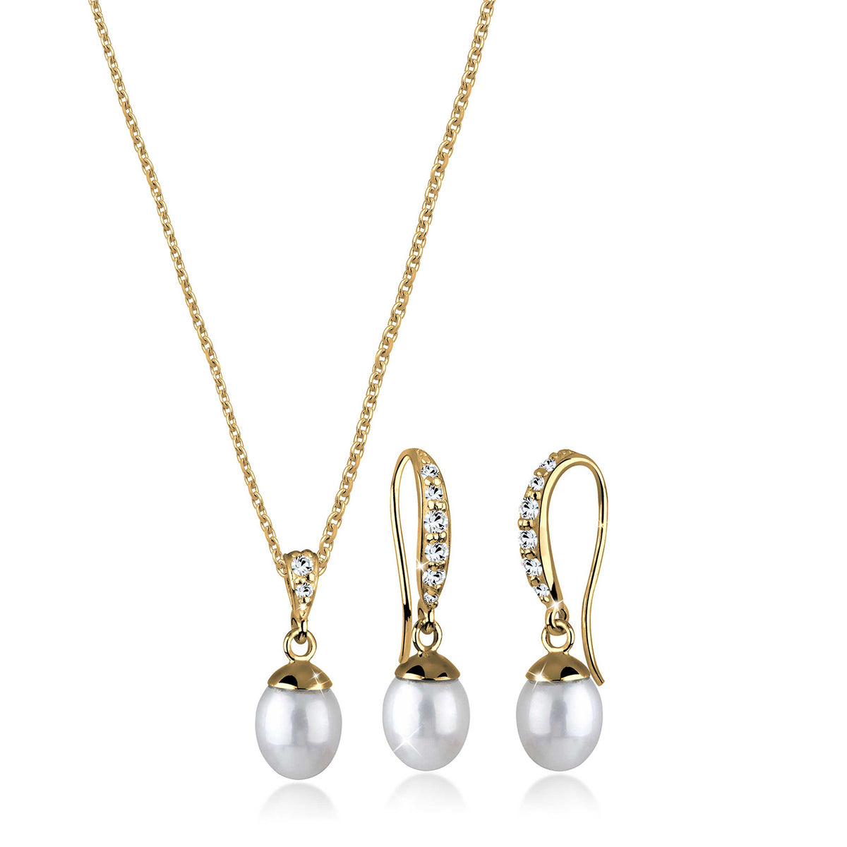 Gold - Elli | Schmuckset  | Süßwasserperle, Kristall ( Weiß ) | 925 Sterling Silber vergoldet