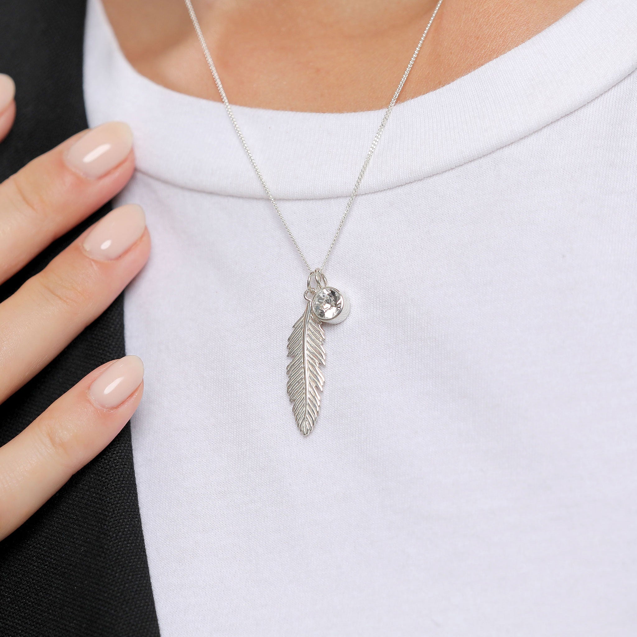 Silber - Elli | Halskette Feder | Mit Kristallen von Swarovski® (Weiß) | 925er Sterling Silber