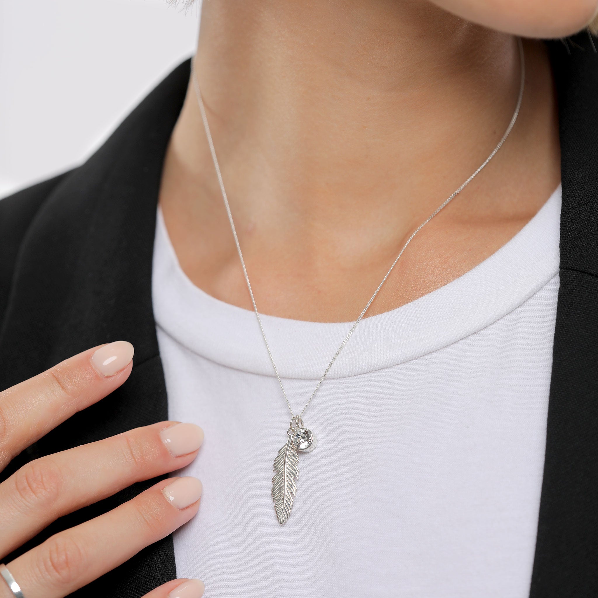 Silber - Elli | Halskette Feder | Mit Kristallen von Swarovski® (Weiß) | 925er Sterling Silber