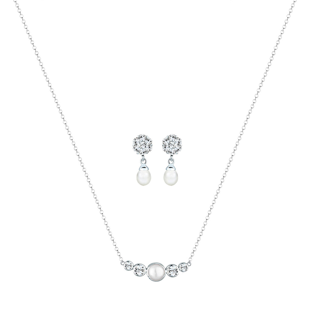 Silber - Elli PREMIUM | Schmuckset  Kugel | Süßwasserperle, Kristall ( Weiß ) | 925er Sterling Silber