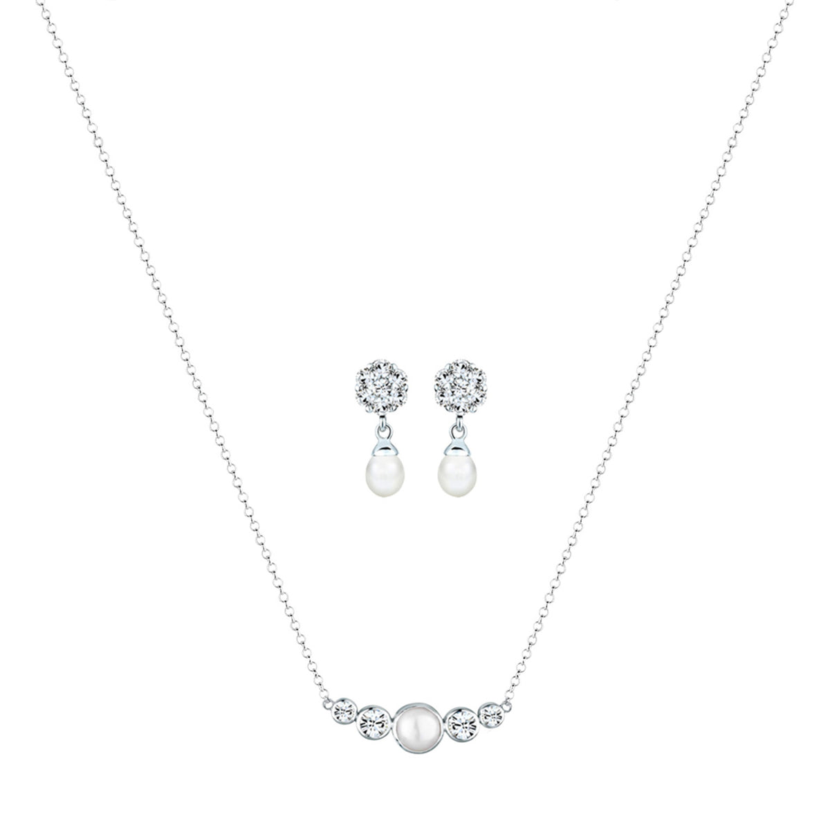 Silber - Elli PREMIUM | Schmuckset  Kugel | Süßwasserperle, Kristall ( Weiß ) | 925er Sterling Silber