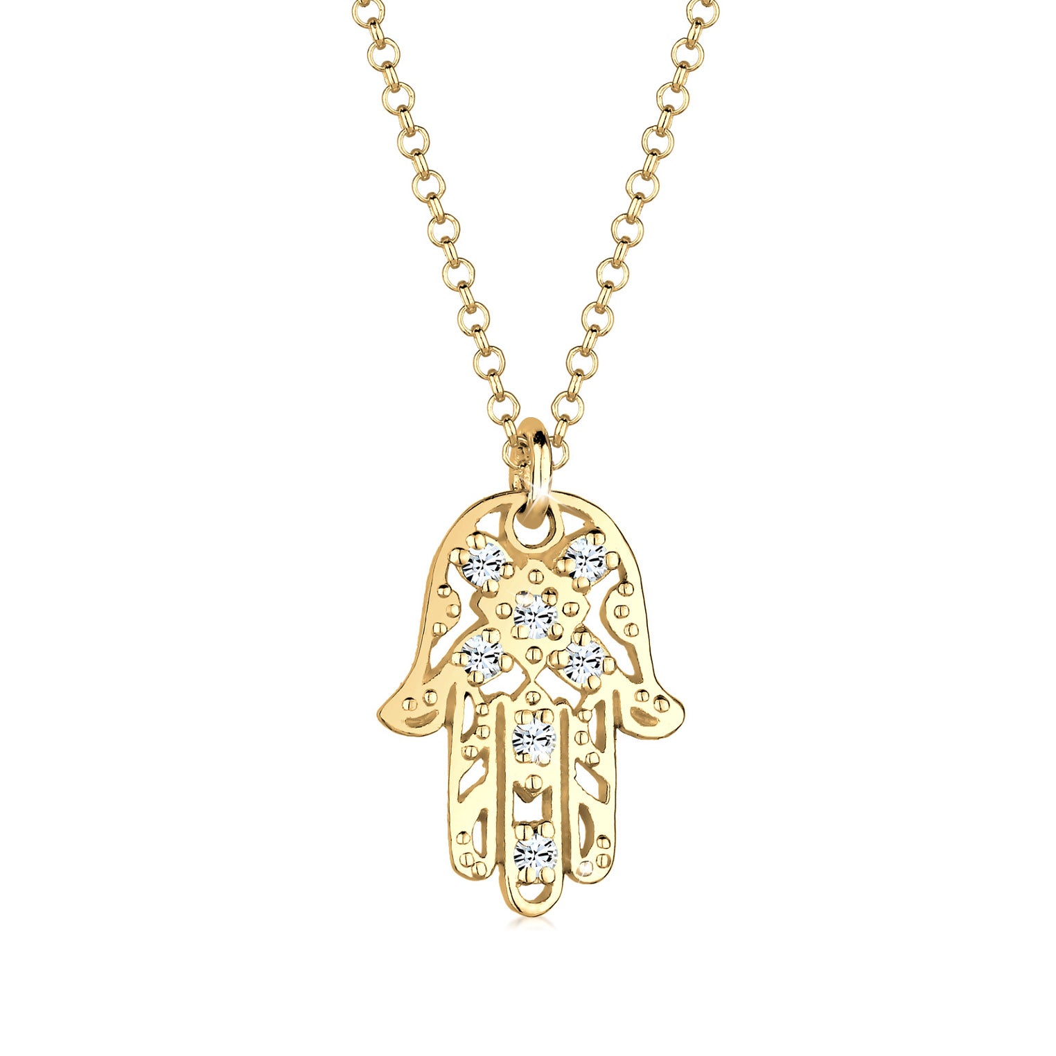 Gold - Elli | Halskette Hamsa Hand | Mit Kristallen von Swarovski® (Weiß) | 925 Sterling Silber vergoldet