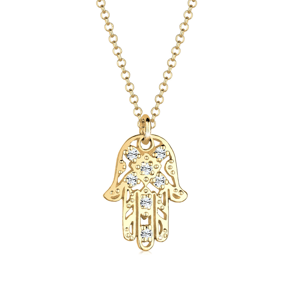 Gold - Elli | Halskette Hamsa Hand | Mit Kristallen von Swarovski® (Weiß) | 925 Sterling Silber vergoldet