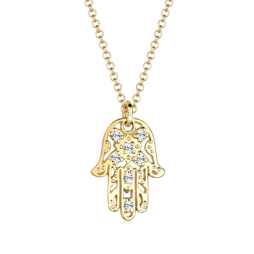 Gold - Elli | Halskette Hamsa Hand | Mit Kristallen von Swarovski® (Weiß) | 925 Sterling Silber vergoldet